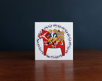 Vintage Berggren Decorative Tile Trivet Dala horse and Children Swedish Design Porcelain Tile Mid Century Kitchen Decor