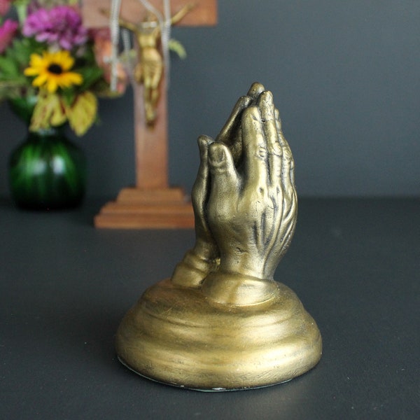 Vintage Praying Hands Statue Plaster Chalkware Antiqued Gold Finish Religious Tchotchke