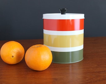 Vintage Striped Canister Spetco Red Yellow Green Stripes With Lid