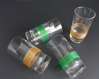 Vintage Clear Glass Tumbler with Green and Yellow Plastic Band Set Of 4 Mid Century Federal Glass Barware Highball Atomic MCM Cocktail