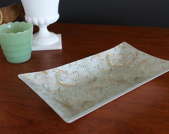 Vintage Georges Briard Frosted Glass Rectangle Tray Bowl Gold Embossed Mid Century Home Decor Barware