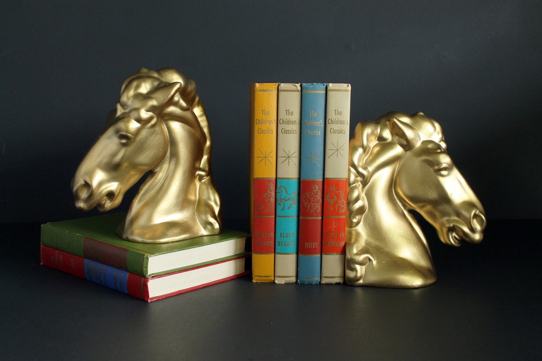 Vintage Horse Head Bookends Gold Stallion Bust Book Ends Modern Western