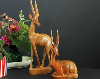 Vintage Hand Carved Wood Gazelle Pair Retro Solid Wood Made In Kenya