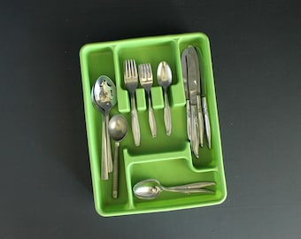 Vintage Silverware Drawer Organizer by Lustro'Ware Mid Century Kitchen Green Apple 70's Green Flatware Tray