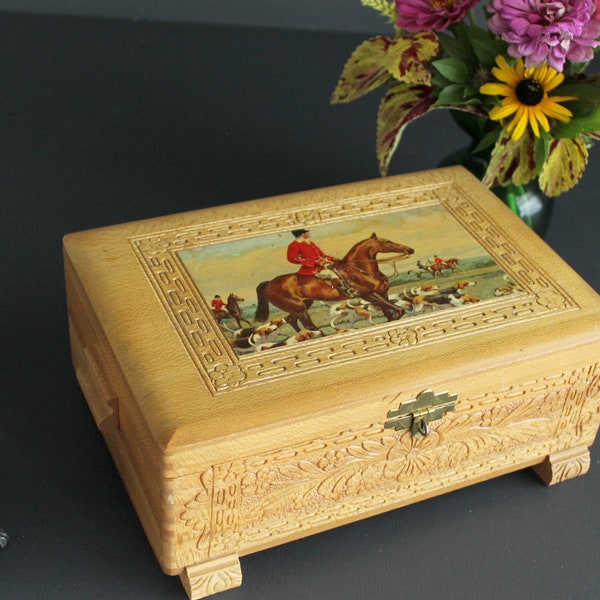Vintage Carved Wood Pine and Cedar Footed Storage Jewelry Box with Fox Hunt With Horses and Hounds Scene Art Work