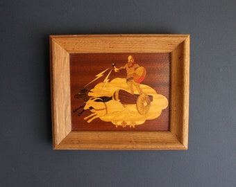 Vintage Inlaid Wood TOR Framed Art Veneer Inlay Wood Picture Thor Norse God of Thunder the Sky and Agriculture