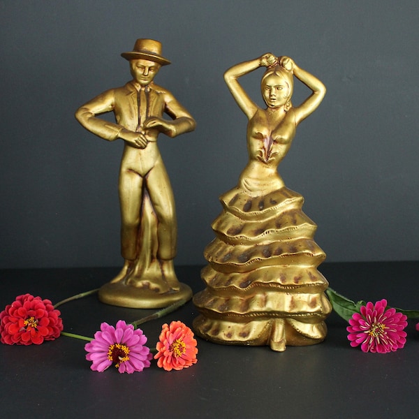 vintage Flamenco Dancer Pair Mid Century Modern California Pottery Hollywood Regency Man and Woman Gold Dancers