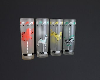 Vintage Libby Merry-Go-Round Frosted Cooler Glasses Carousel Circus Animal Design Set Of Four ( 4 ) Tall Barware Collin Tea Glass