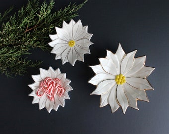 Vintage White and Gold Poinsettia Ceramic Christmas Plates Set Of Three 3 Winter Holiday Decorations