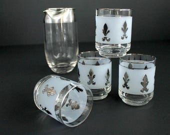 Vintage Juice Glasses Silver Frosted Fleur De Lis Pattern By Libbey Mis Century  Retro Barware Set of 4