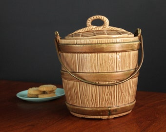 Vintage Faux Wood Bucket Cookie Jar With Lid Kitschy Kitchen Decor Mid Century Barrel American Bisque Pottery