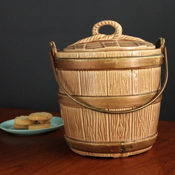 Vintage Faux Wood Bucket Cookie Jar With Lid Kitschy Kitchen Decor Mid Century Barrel American Bisque Pottery