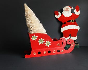 Vintage Santa Sleigh Handmade Red Painted Wood With Poinsettia Flowers