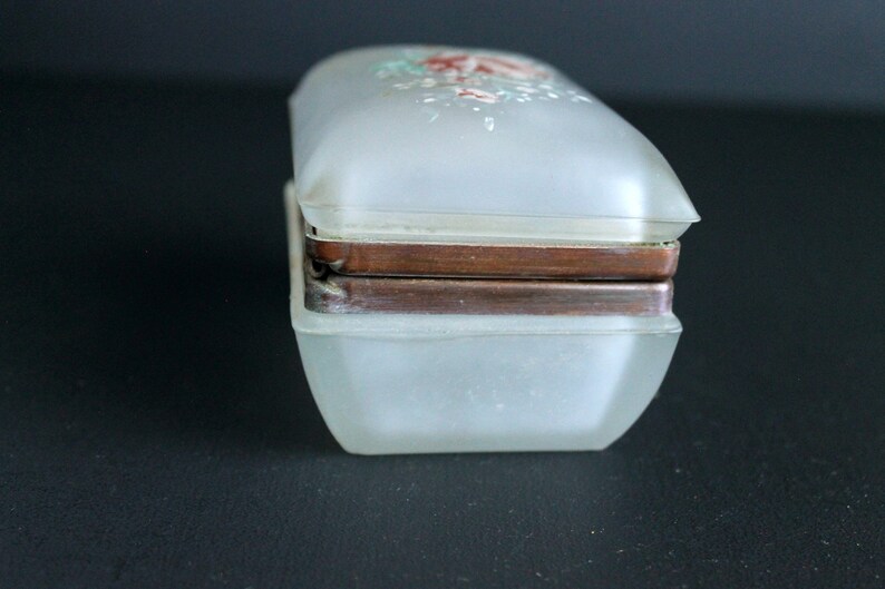 Vintage Glass Trinket Box with Bohemian Victorian Floral Painted Hinged Lid image 3
