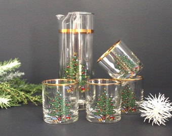 Vintage Cuthbertson Christmas Tree Martini Cocktail Set Pitcher and 4 Short Tumbler Barware Gold Leaf and Christmas Trees Glasses Set of 5