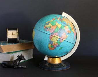 Vintage Ohio Art Tin Litho 9" World Globe with Aircraft Routes on a Zodiac Astrological Signs Stand 1970s