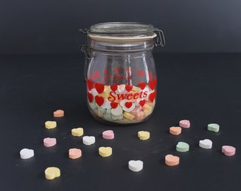 Vintage Sweets Valentines Jar Clear Glass 3/4L Hermetic Container Clamp Top Carlton Glass Typographic Candy Jar