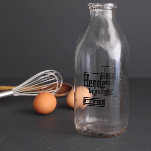 Vintage Hegele Bros. Dairy One Quart Glass Milk Bottle Lincoln Illinois Hegele Brothers Dairy