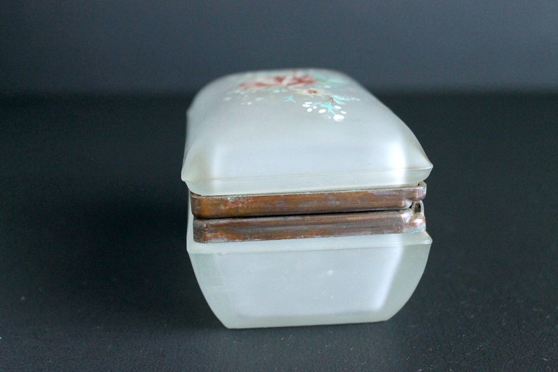 Vintage Glass Trinket Box with Bohemian Victorian Floral Painted Hinged Lid image 5