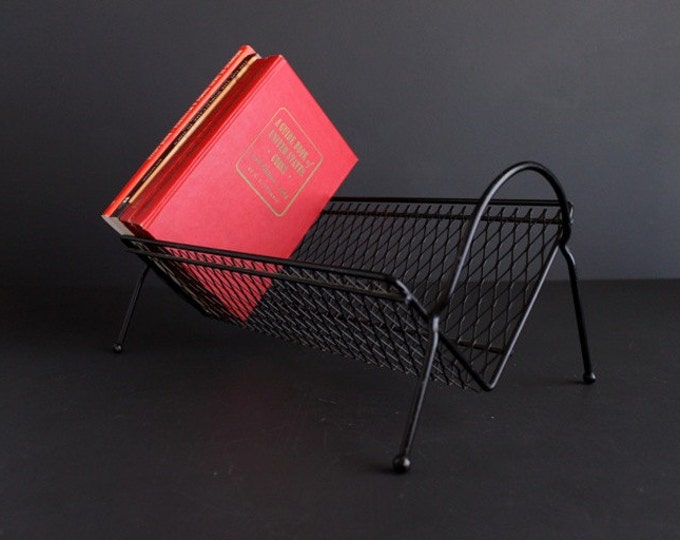 Vintage Metal Book Shelf Mid Century Atomic Record Rack Black Etsy