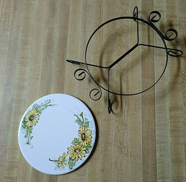 Vintage Ceramic Trivet Yellow Flowers In Metal Footed Frame Etsy