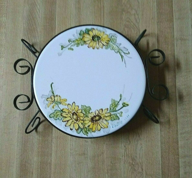 Vintage Ceramic Trivet Yellow Flowers In Metal Footed Frame Etsy