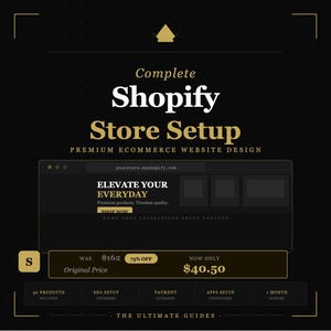 May include: A black graphic advertisement for a Shopify store setup service. The text reads Complete Shopify Store Setup, Premium Ecommerce Website Design, Elevate Your Everyday, Shop Now, and includes details on 50 products, SEO, and support.