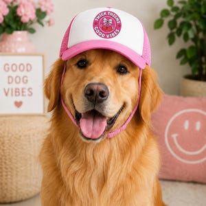 Può includere: Un golden retriever indossa un cappellino da camionista rosa e bianco. Il cappello presenta la scritta "THICK THIGHS GOOD VIBES" in un design circolare. Il cane sorride con la lingua di fuori. Un cartello dice "GOOD DOG VIBES" sullo sfondo.