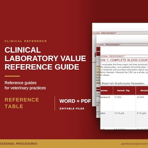 Könnte beinhalten: Ein klinischer Laborwert-Referenzleitfaden für Tierarztpraxen, bestehend aus einem Stapel Dokumente mit dem Text Clinical Laboratory Value Reference Guide, Section 1: Complete Blood Count (CBC) und einer Tabelle mit Normalwerten für Hunde und Katzen.