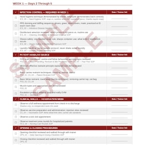 May include: A white document titled PAWFESSIONAL PROCEDURES Staff Onboarding Checklist with sections for Infection Control, Patient Handling Basics, Clinical Skills, and Opening and Closing Procedures, featuring checkboxes and lines for dates and trainer initials.