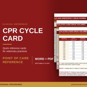 Puede incluir: Una tarjeta de referencia clínica para el ciclo de RCP en prácticas veterinarias, con fondo rojo oscuro y texto blanco. La tarjeta muestra volúmenes calculados de medicamentos para epinefrina, atropina y vasopresina en formato de tabla, disponible en archivos Word y PDF editables.