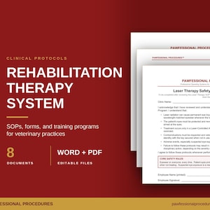 Könnte beinhalten: Ein digitales Dokumentenset mit dem Titel Clinical Protocols Rehabilitation Therapy System für Tierarztpraxen. Enthält 8 bearbeitbare Word- und PDF-Dateien. Die sichtbare Seite zeigt das Branding von Pawfessional Procedures und Lasertherapie-Sicherheitsprotokolle.