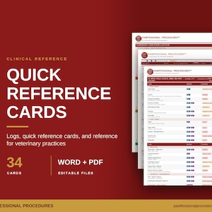 Puede incluir: Un conjunto de 34 tarjetas de referencia clínica para clínicas veterinarias, presentadas como archivos Word y PDF editables. Las tarjetas incluyen el texto PAWFESSIONAL PROCEDURES, QUICK REFERENCE CARDS y tablas detalladas con columnas para toxinas.