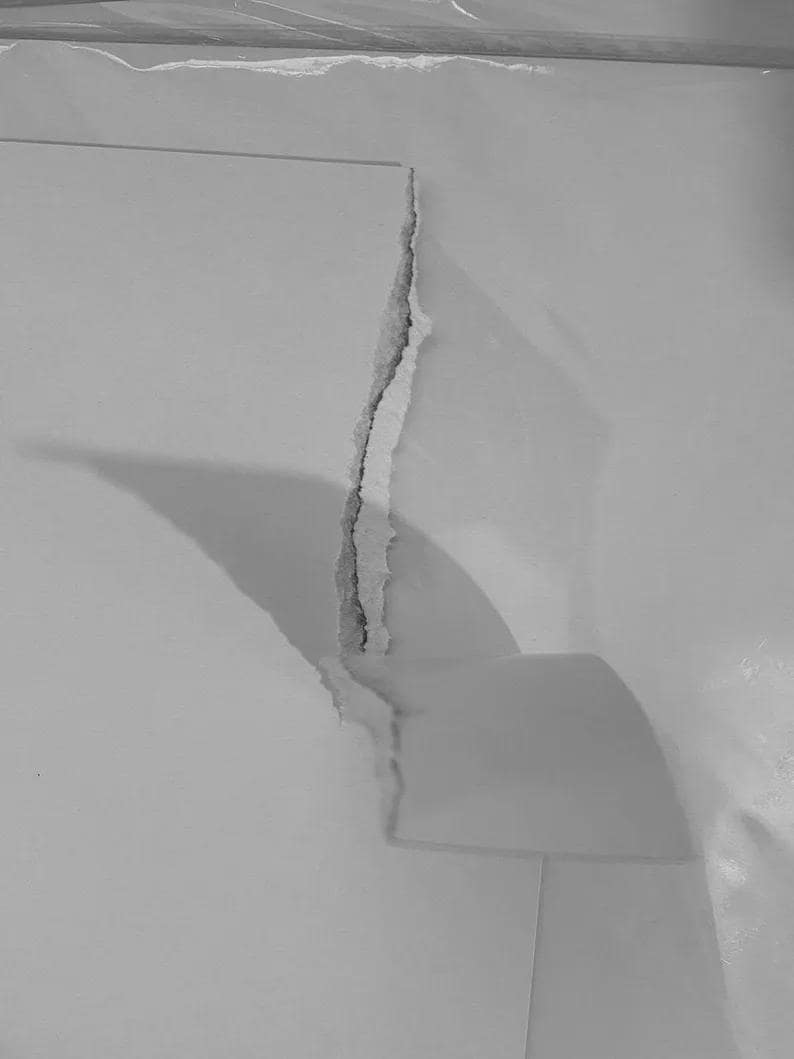 May include: A white sheet of paper with a vertical tear running down the center. The paper is partially separated, with the torn edges showing a rough, fibrous texture. The lighting creates a shadow along the jagged split, highlighting the depth.