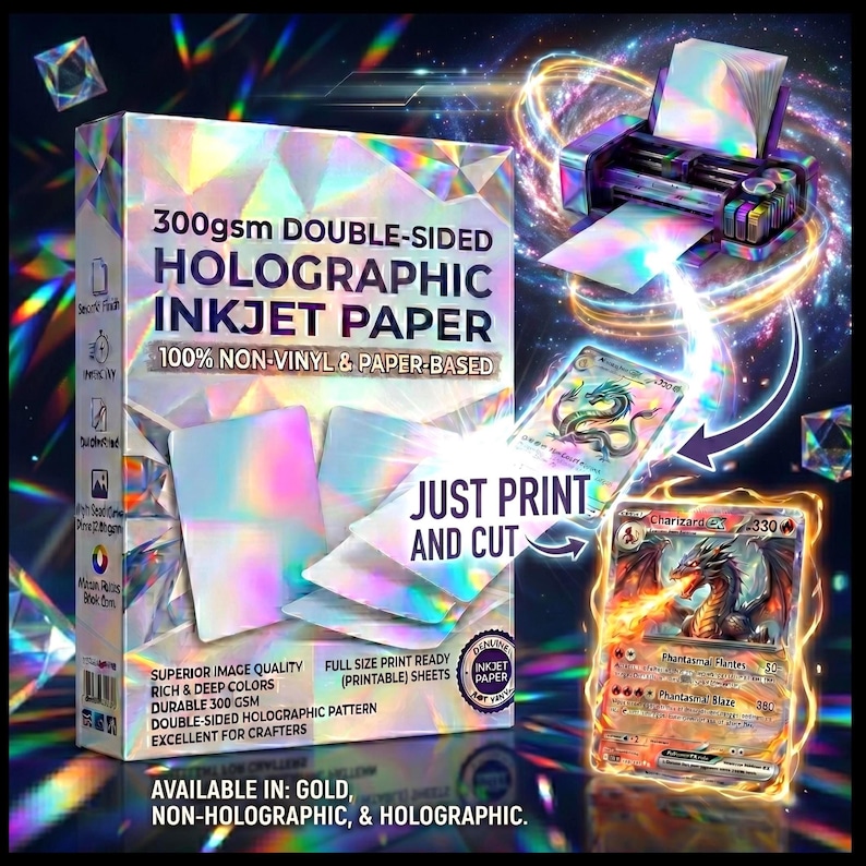 May include: A box of 300gsm double-sided holographic inkjet paper with a metallic, rainbow-reflective finish. The packaging features the text 300gsm DOUBLE-SIDED HOLOGRAPHIC INKJET PAPER, 100% NON-VINYL & PAPER-BASED, and JUST PRINT AND CUT.
