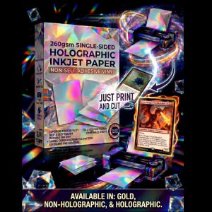 May include: A box of 260gsm single-sided holographic inkjet paper, non-self adhesive vinyl. The packaging displays the text 260gsm SINGLE-SIDED HOLOGRAPHIC INKJET PAPER, NON-SELF ADHESIVE VINYL, JUST PRINT AND CUT, and AVAILABLE IN: GOLD, NON-HOLOGRAPHIC, & HOLOGRAPHIC.
