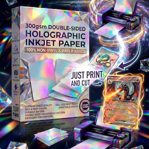 May include: A box of 300gsm double-sided holographic inkjet paper with a non-vinyl, paper-based composition. The packaging displays the text 300gsm DOUBLE-SIDED HOLOGRAPHIC INKJET PAPER, 100% NON-VINYL & PAPER-BASED, and JUST PRINT AND CUT.