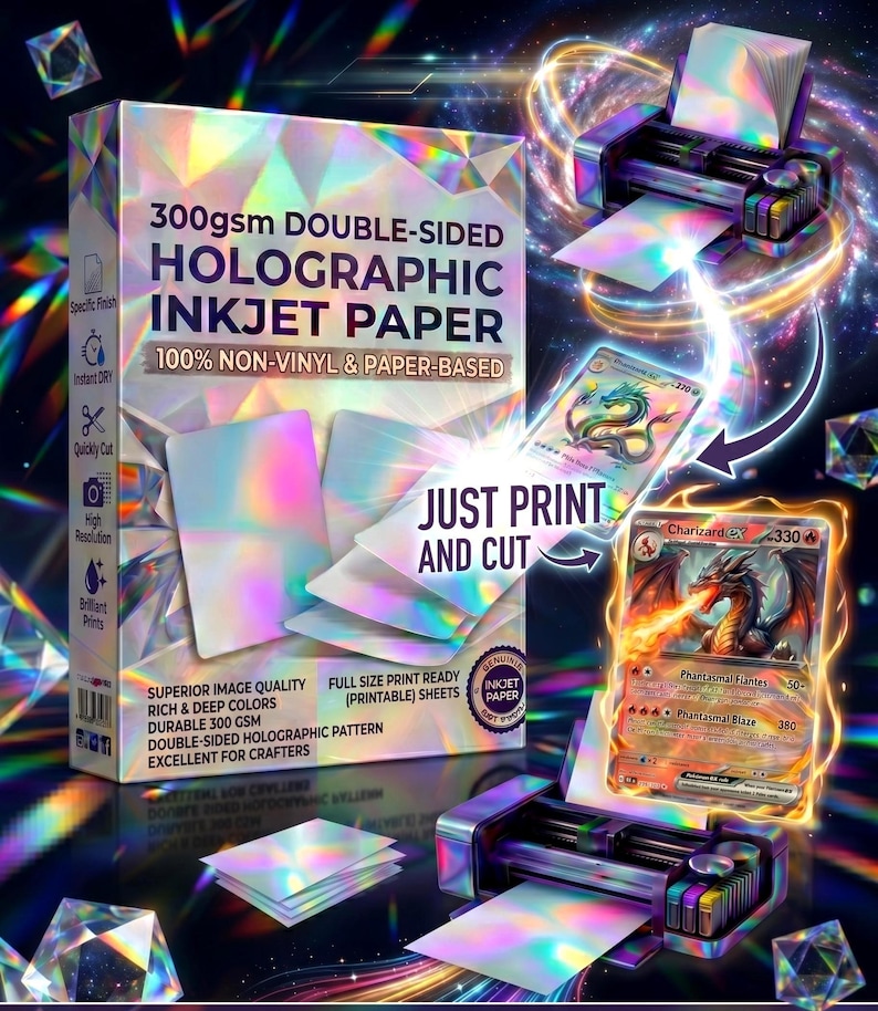 May include: A box of 300gsm double-sided holographic inkjet paper with a non-vinyl, paper-based composition. The packaging displays the text 300gsm DOUBLE-SIDED HOLOGRAPHIC INKJET PAPER, 100% NON-VINYL & PAPER-BASED, and JUST PRINT AND CUT.
