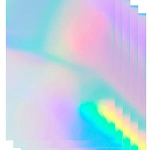 May include: A stack of five rectangular sheets featuring a smooth, iridescent finish. The surface displays a shifting spectrum of pastel colors, including light blue, soft pink, lavender, and hints of yellow, creating a reflective holographic effect.