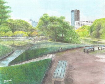 Acuarela de estanque tranquilo | Koishikawa Korakuen Tokio | Arte zen de jardín japonés (descarga)