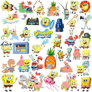 May include: A collection of colorful stickers featuring SpongeBob SquarePants characters including Patrick Star, Squidward Tentacles, Mr. Krabs, Sandy Cheeks, and Plankton, alongside the pineapple house, the Krusty Krab, and the SpongeBob SquarePants logo.