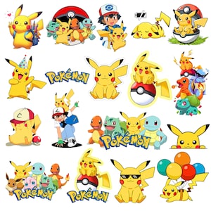 May include: A collection of colorful vinyl stickers featuring various Pokemon characters including Pikachu, Charmander, Bulbasaur, Squirtle, Eevee, Jigglypuff, and Ash Ketchum in diverse poses, with several stickers displaying the blue and yellow Pokemon logo.