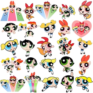 May include: A collection of Powerpuff Girls character illustrations featuring Blossom with a red bow, Bubbles with blonde pigtails, and Buttercup with black hair. The characters are shown in various dynamic poses, flying, smiling, and interacting.
