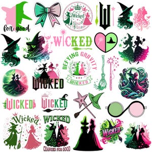 Può includere: Una collezione di adesivi con temi tratti dal musical Wicked, tra cui sagome di streghe in verde e rosa, la parola Wicked in vari caratteri, scope, bacchette, corone, cuori e occhiali, il tutto realizzato in vivaci tonalità verde e rosa.
