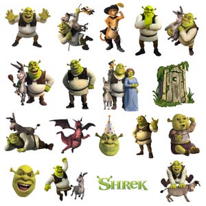 May include: A collection of Shrek character illustrations featuring Shrek, Donkey, Puss in Boots, Fiona, and the Dragon. The images show various poses, including Shrek with Donkey, Fiona, and the iconic wooden outhouse with a crescent moon cutout.