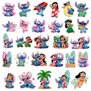 Puede incluir: Una colección de coloridas ilustraciones digitales que muestran al personaje alienígena azul Stitch y al personaje humano Lilo en varias poses, incluyendo bailando hula, surfeando, abrazándose e interactuando con flores tropicales y tablas de surf.