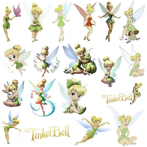 Puede incluir: Una colección de ilustraciones de Campanilla en varias poses, vistiendo un vestido verde con alas translúcidas, interactuando con una oruga, un conejo y flores, junto al texto dorado Tinker Bell.