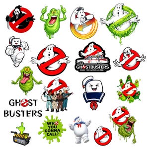 Puede incluir: Una colección de pegatinas con temática de Los Cazafantasmas que incluye varios personajes como Slimer, el hombre de malvavisco Stay Puft, el icónico logo de fantasma, el vehículo Ecto-1 y el texto Ghostbusters Who You Gonna Call.