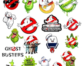 May include: A collection of Ghostbusters themed stickers featuring various characters including Slimer, the Stay Puft Marshmallow Man, the iconic ghost logo, the Ecto-1 vehicle, and the text Ghostbusters Who You Gonna Call in vibrant colours.