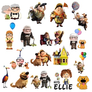 May include: A collection of digital illustrations featuring characters and elements from the movie Up, including Carl, Russell, Dug, Kevin, the house with balloons, and the text His Ellie, displayed as individual graphic stickers on a white background.